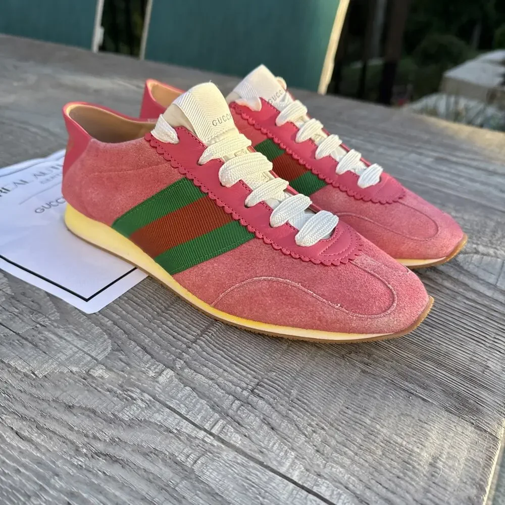 Gucci Rocket Suede Pink Low Top Sneakers Green/Red Stripe SZ IT 40 US 10 W/COA